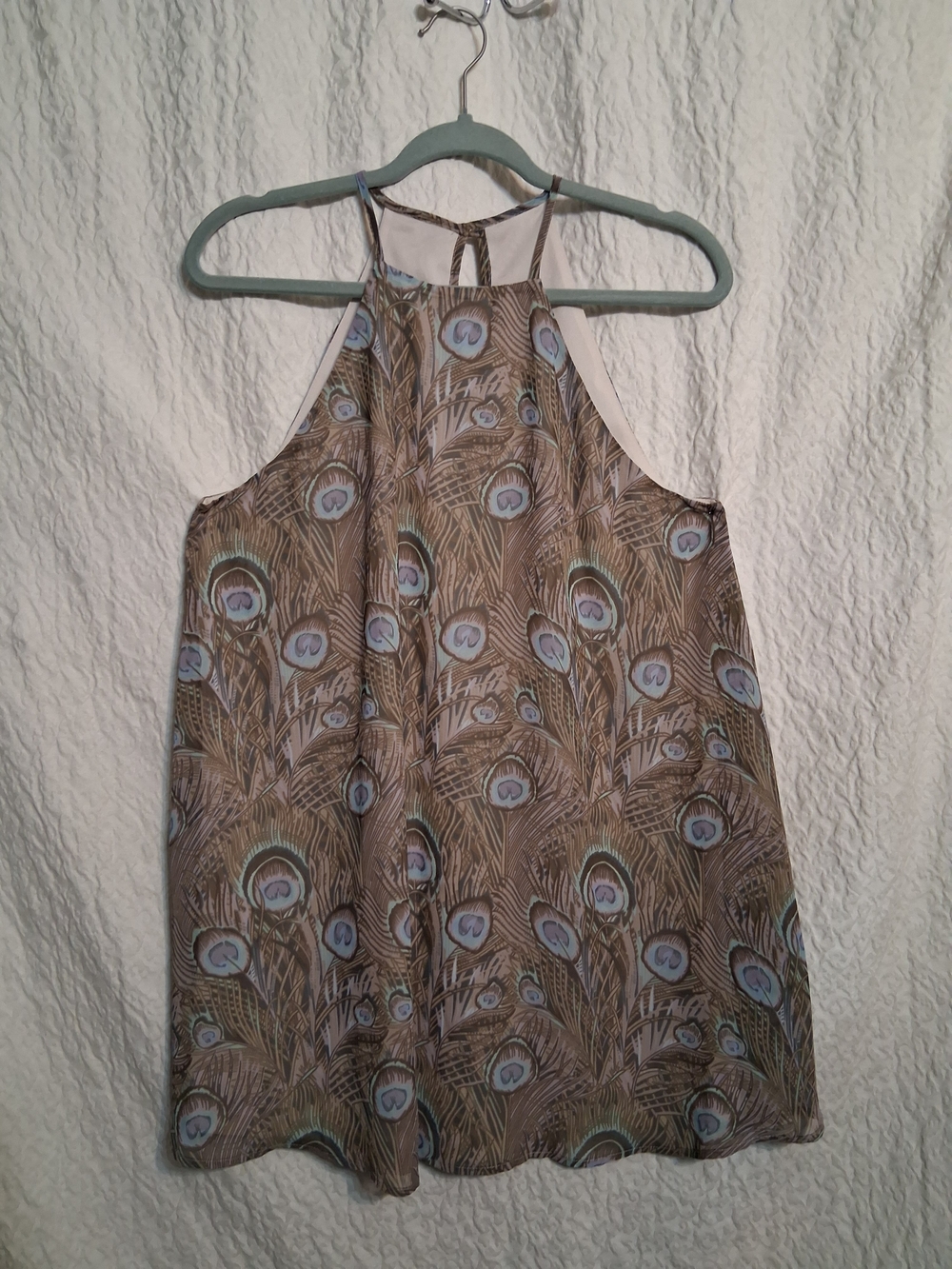 Show Me Your Mumu Brown and Light Blue Mini Dress/ Halter Top with Feather Print